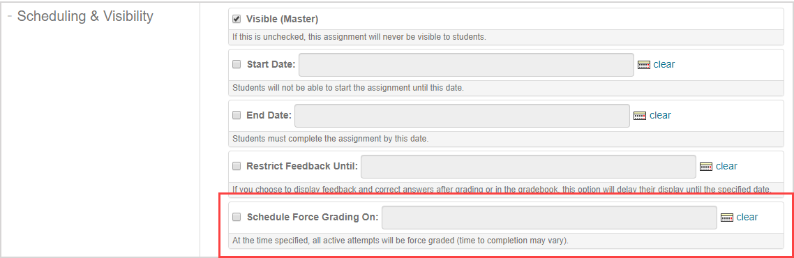 The Schedule force grading on property is within the scheduling and visibility pane of the lesson and assignmne editors.